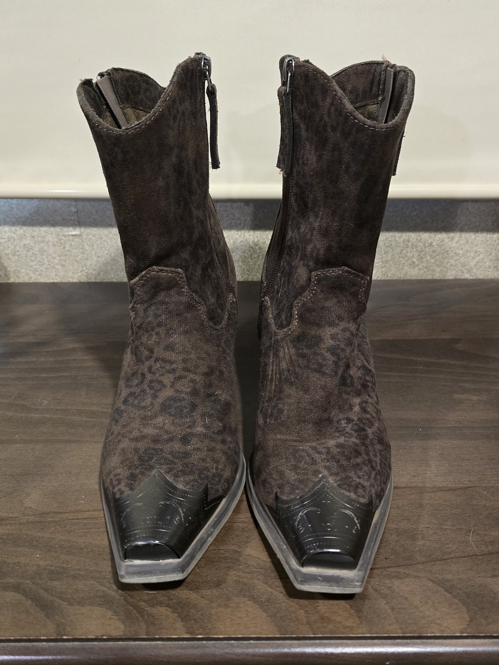 Leopard Print Suede Western Ankle Boots - Dark Brown